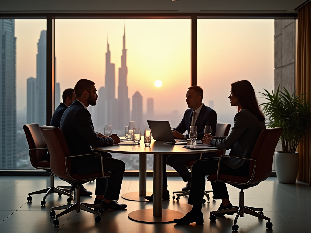 Business meeting in a high-rise office at sunset with city skyline in the background.