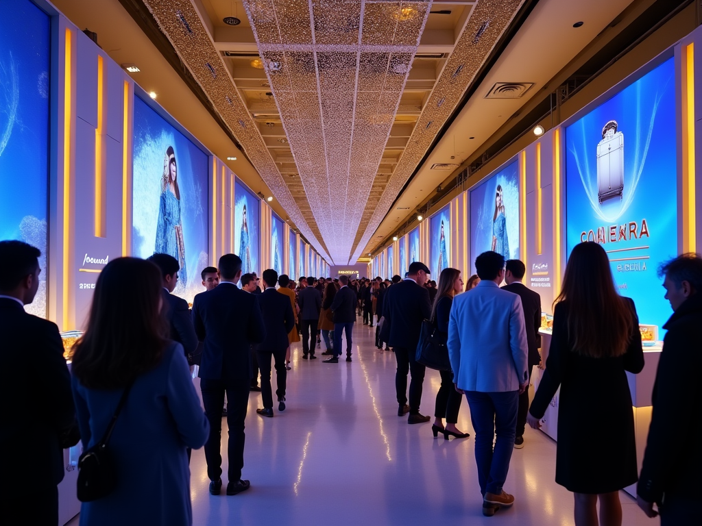 Crowd of people attending a product launch event with illuminated display boards in a posh venue.