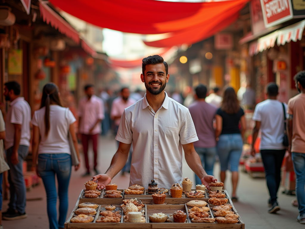 A smiling man selling various pastries at a busy outdoor market.