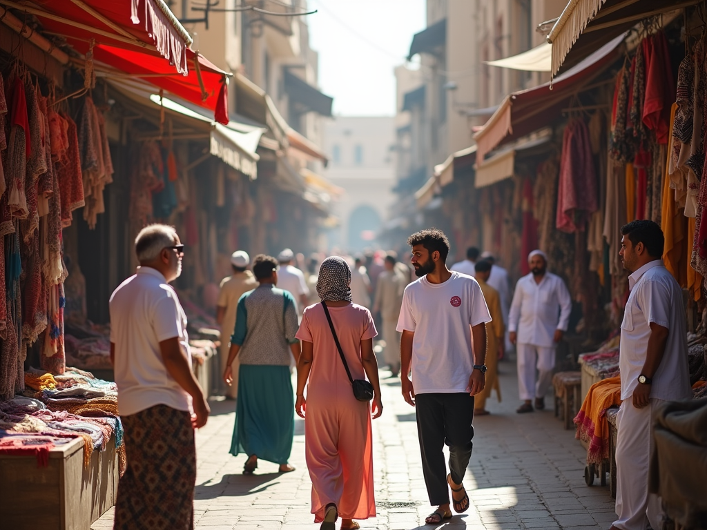 People walk and browse in a sunlit, busy outdoor market street, lined with colorful fabric stalls.