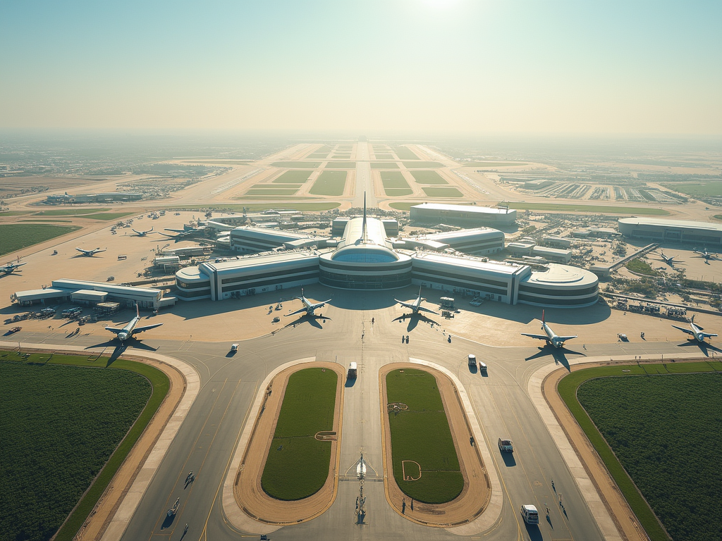 Aerial view of a large airport with multiple runways and planes at the gates.