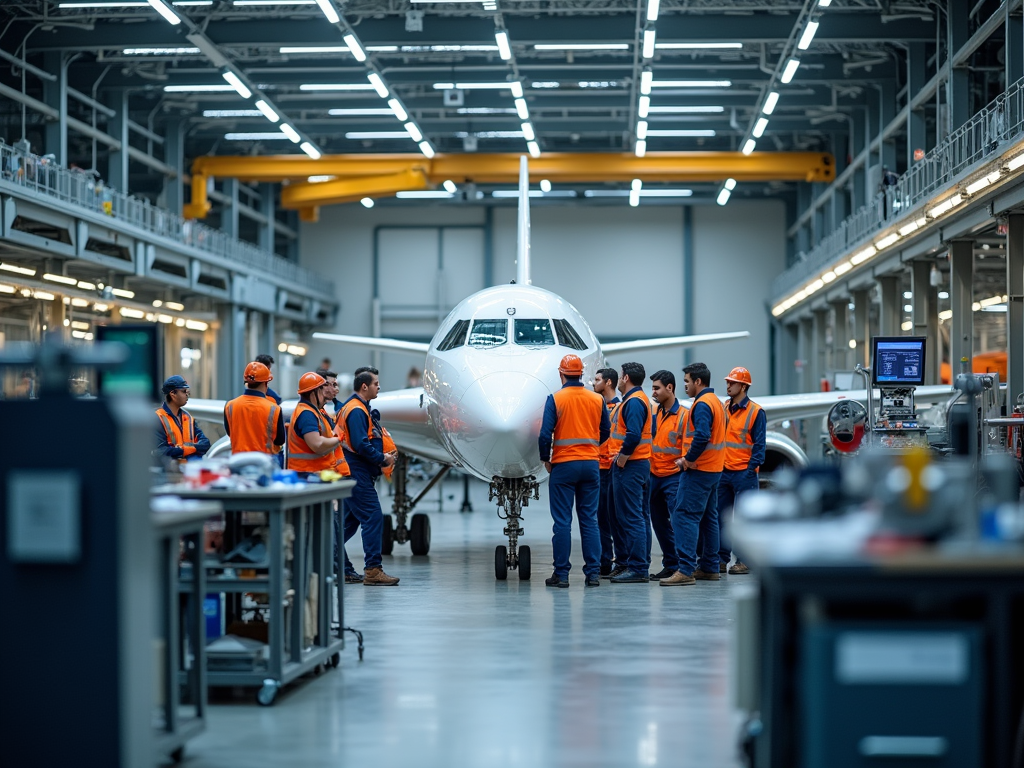 Group of workers in orange vests in an airplane hangar discussing near the front of a jet.