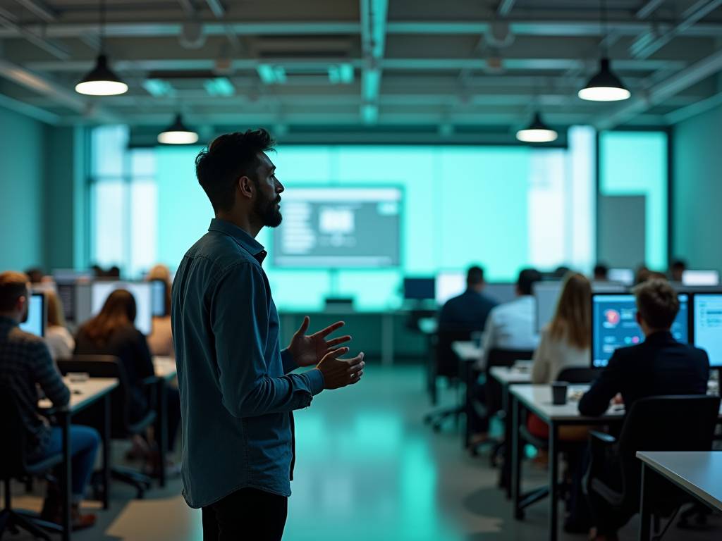 Man presenting in a modern office with attentive colleagues working at computers.