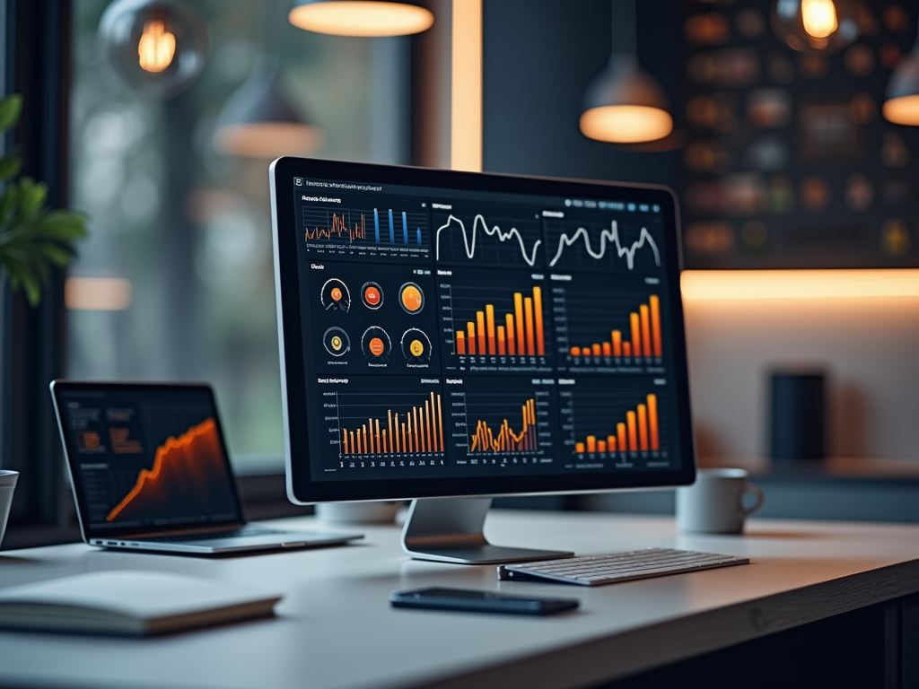 Desktop with financial analytics on the screen in a modern office setting.