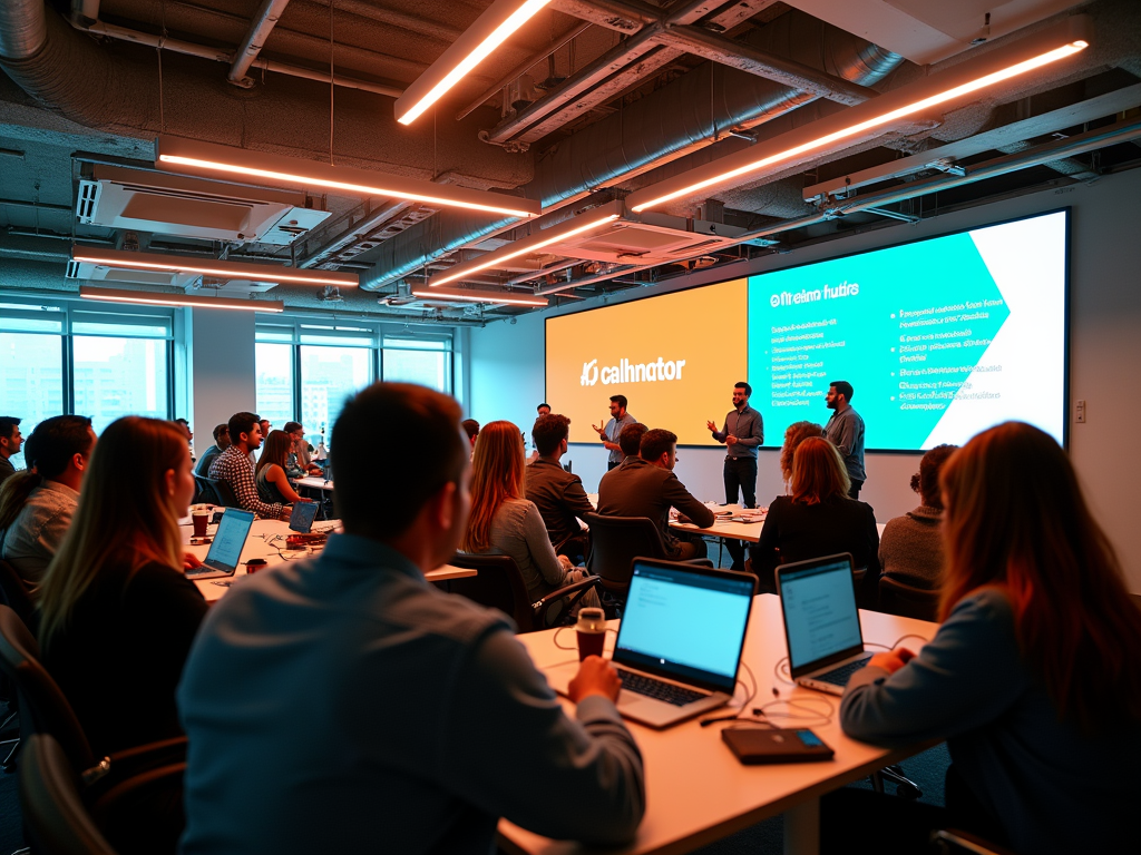 Business seminar in a modern office with a presentation about "alternative future," attended by a diverse group.