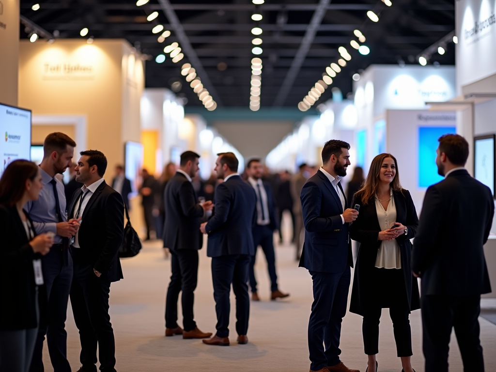 Professionals networking at a busy conference hall with exhibition booths in the background.