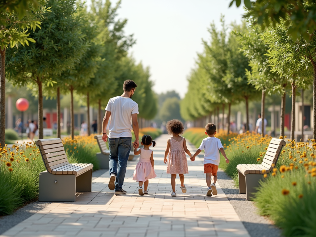 Man and three children walking hand in hand along a sunny, tree-lined pathway with flowers.