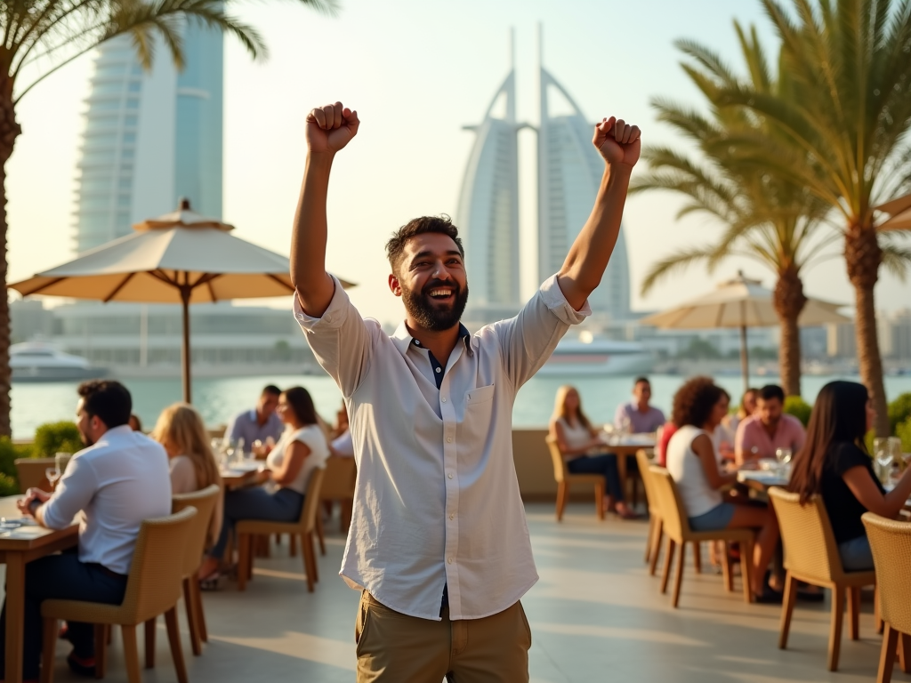 Man celebrating with arms raised at a waterfront restaurant with the Burj Al Arab in the background.