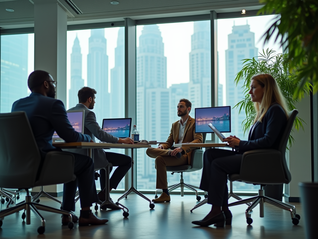 Business professionals in a meeting room with city skyline views through large windows.