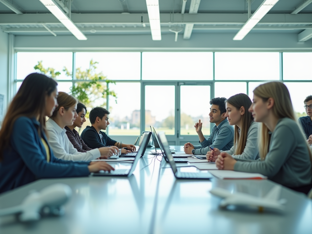 Group of young professionals engaged in a meeting at a table with laptops in a modern office.