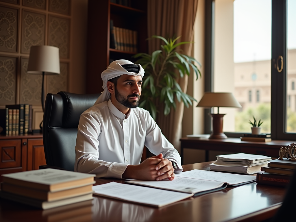 Man in traditional Emirati attire seated at a desk in an elegant office, looking thoughtful.