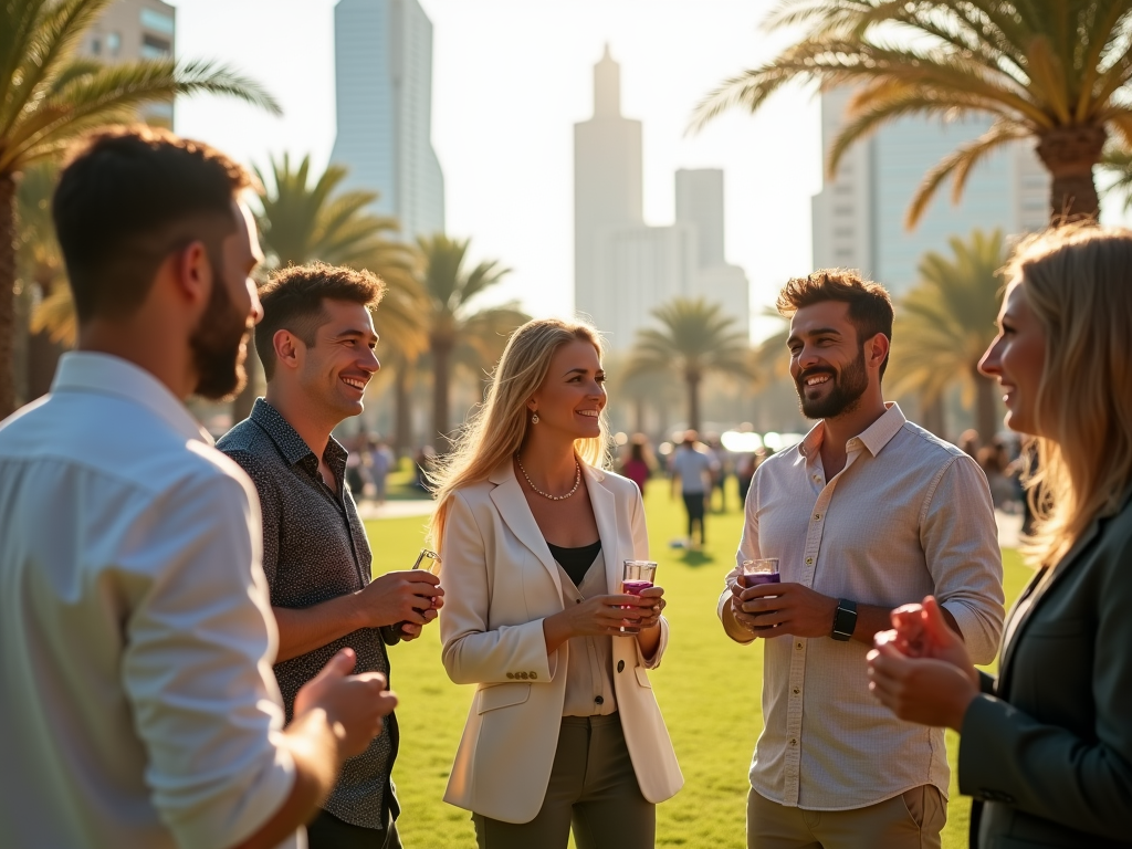 Group of young professionals chatting and laughing during a sunny outdoor event.