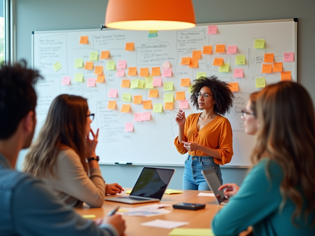 Young woman presenting ideas to colleagues in a meeting room with sticky notes on a whiteboard.