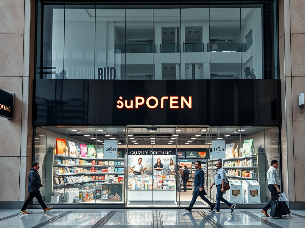 Storefront of a brightly lit shop featuring a variety of products, with people walking by. The sign reads "uPORREN."