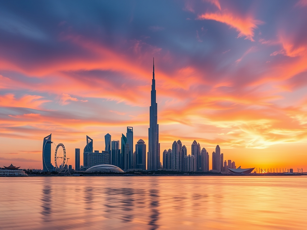 A stunning sunset over a city skyline featuring tall buildings and a wheel, reflecting on the water below.