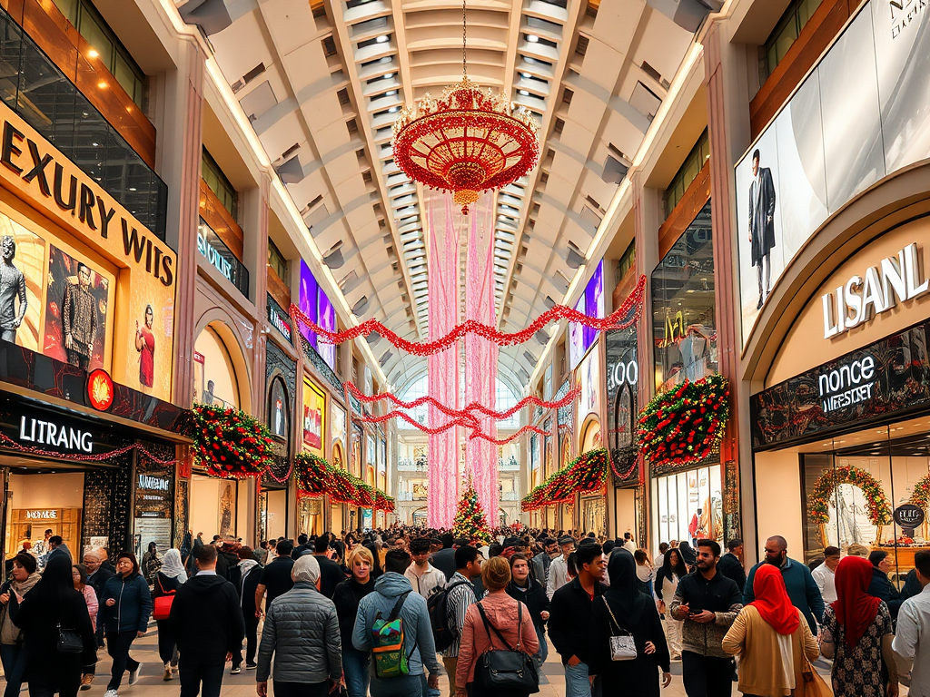 A busy shopping mall with vibrant decorations and shoppers walking through various store displays.