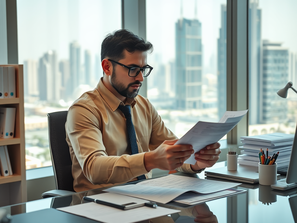 A man in a beige shirt and tie reviews documents at a modern office desk with a city skyline in the background.