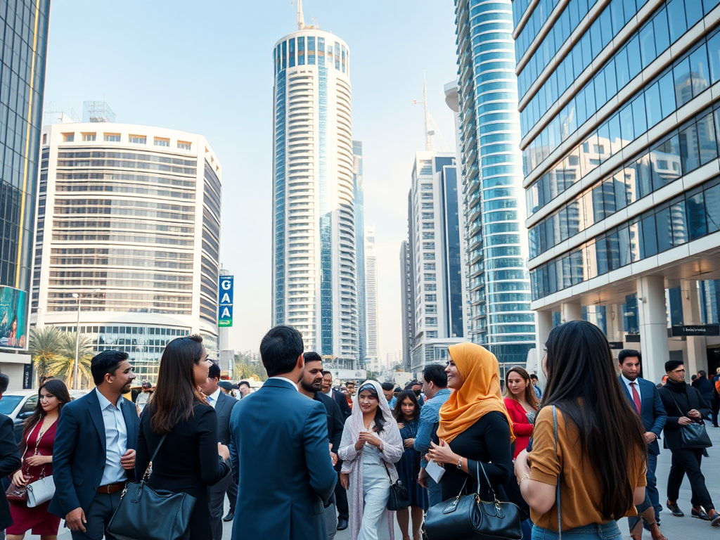 A diverse group of people gathered in a modern cityscape, surrounded by tall buildings and clear skies.