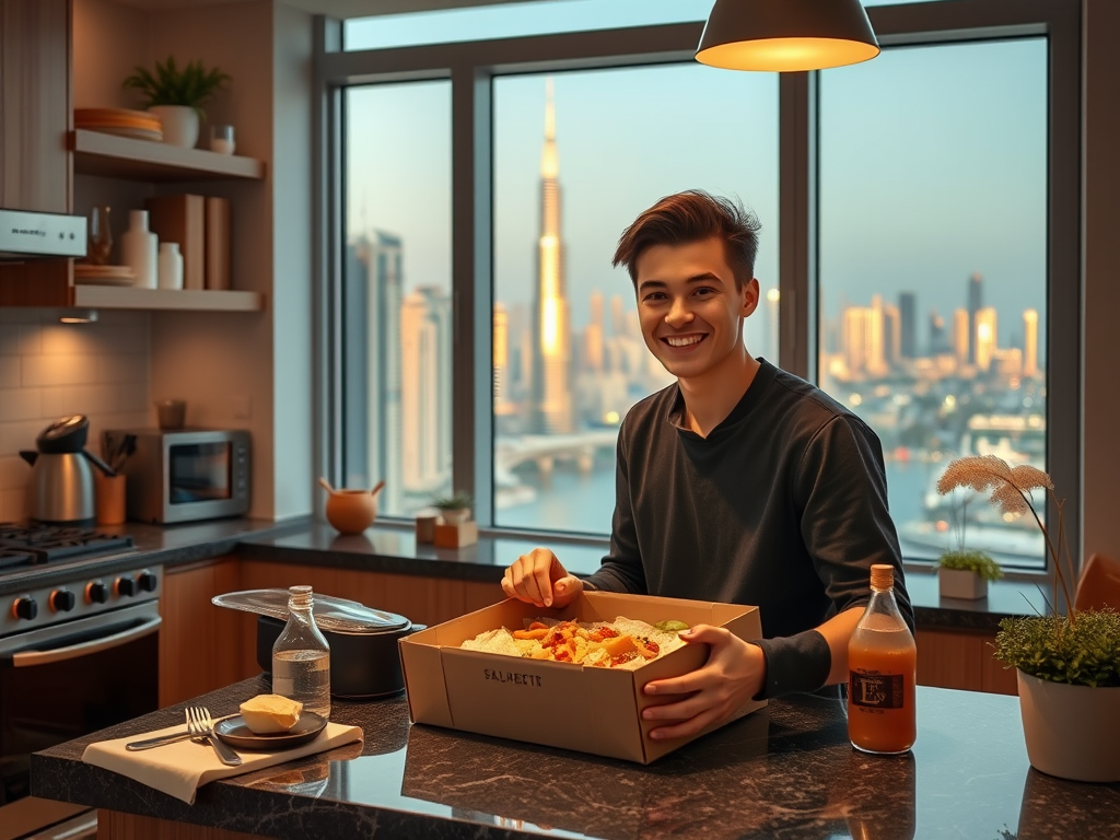 A young man smiles while holding a takeout box in a cozy kitchen with a city skyline view at sunset.