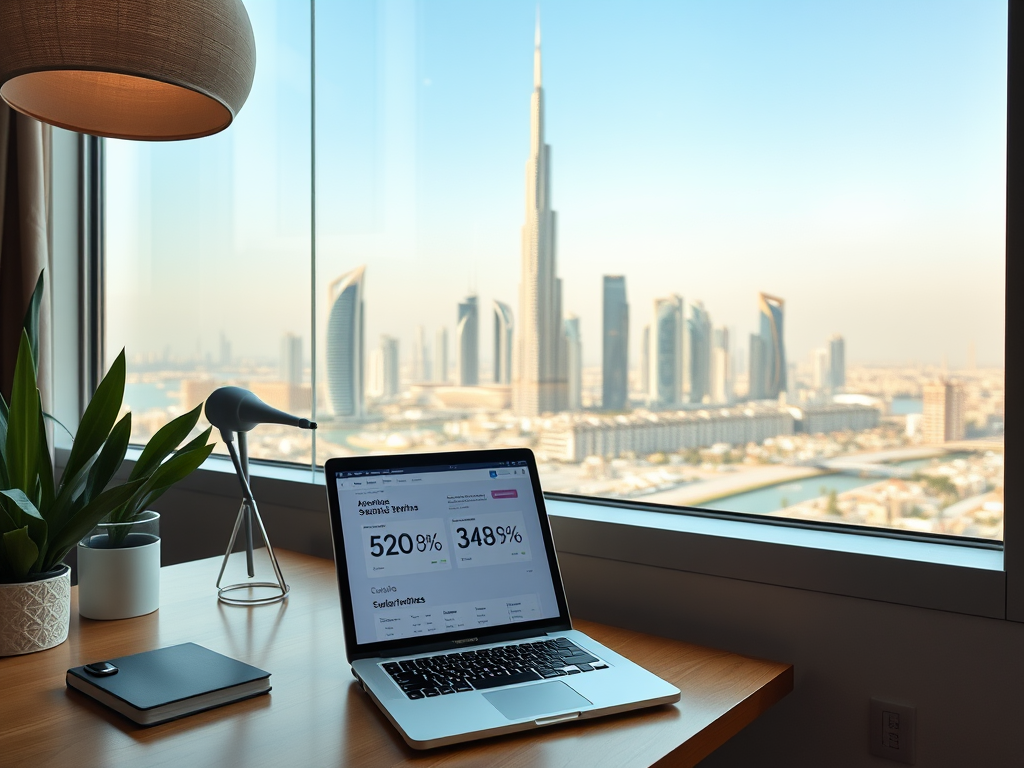 A modern workspace featuring a laptop with graphs, a plant, and a view of skyscrapers and Burj Khalifa.