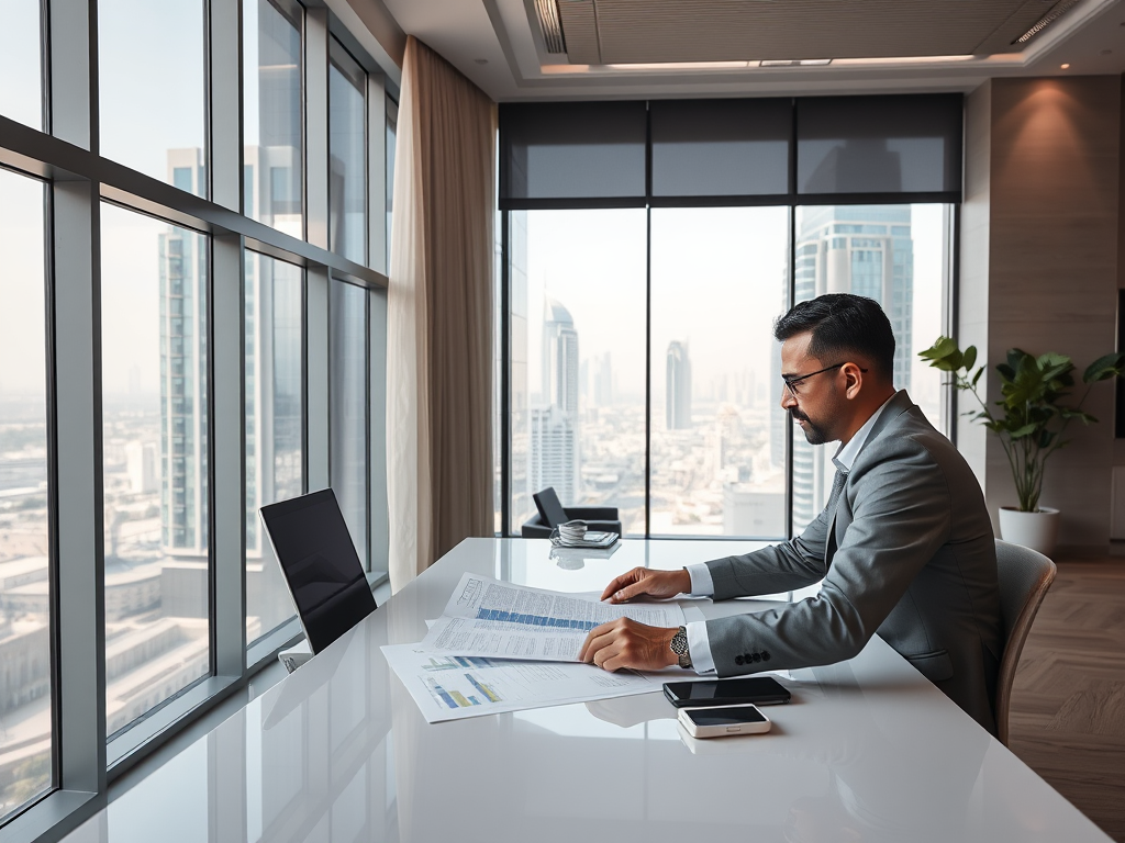 A businessman reviews documents at a modern desk with a city skyline view through large windows.