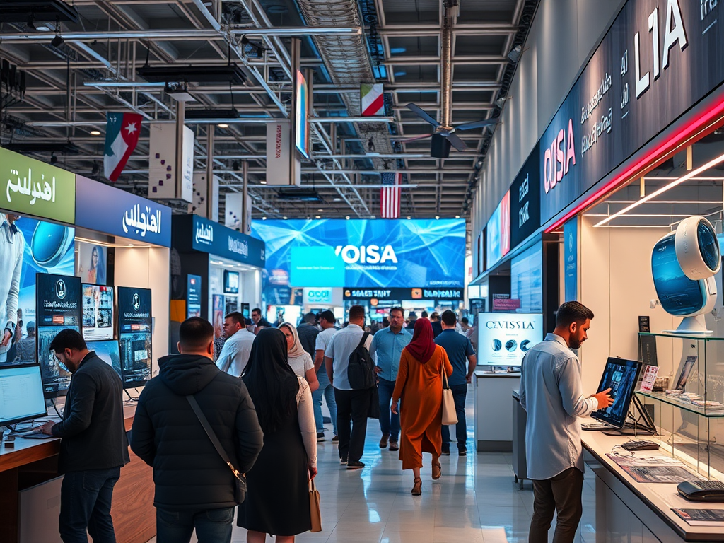 A busy tech store with people browsing products and digital displays, showcasing various electronics and brands.